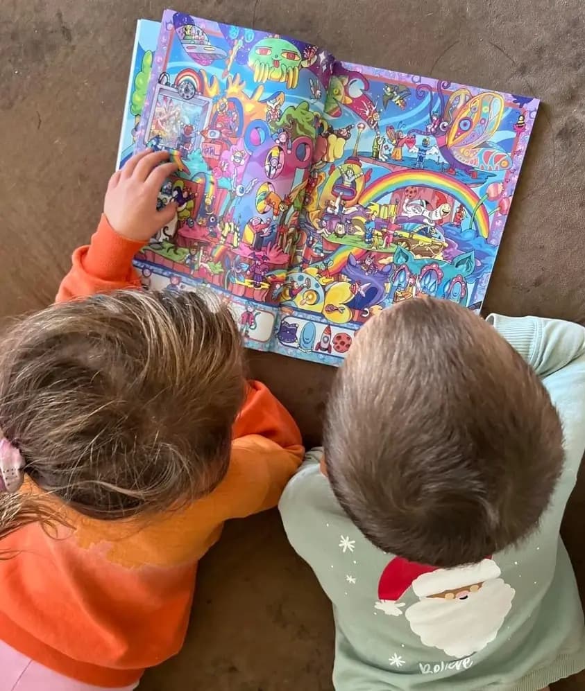 kids playing hidden picture book